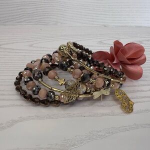 NEW handmade Elegant Gold ,Pink and brown chezco crystal‎ Beaded slinky Bracelet